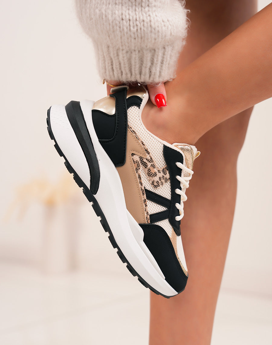 Baskets femme noires tendance avec touches dorées et imprimé léopard