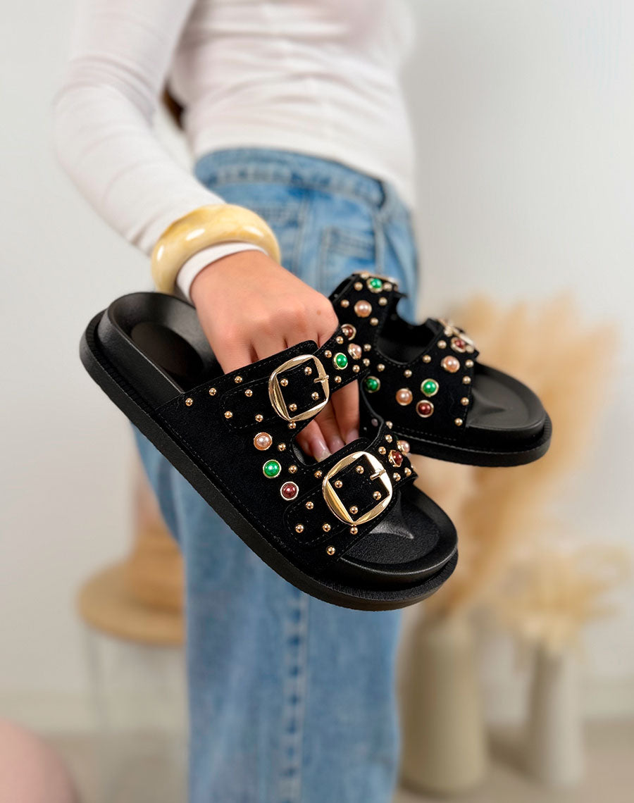 Mules femme noires élégantes à double boucle ornée de perles colorées