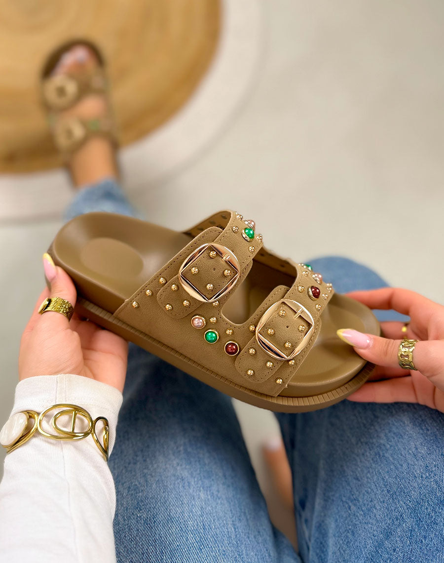 Mules femme beige foncé élégante à double boucle avec perles colorées