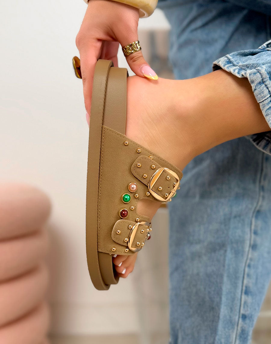 Mules femme beige foncé élégante à double boucle avec perles colorées