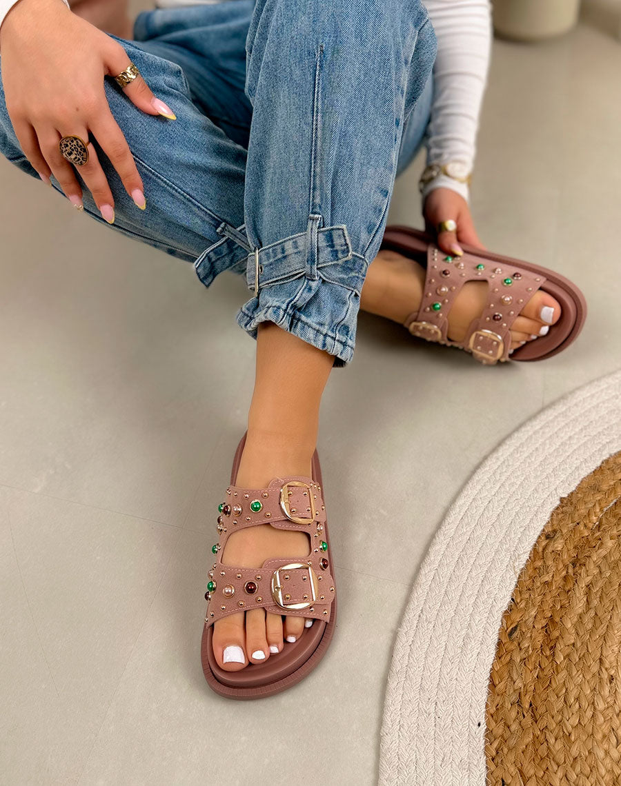 Mules femme rose poudré élégante à double boucle avec perles colorées