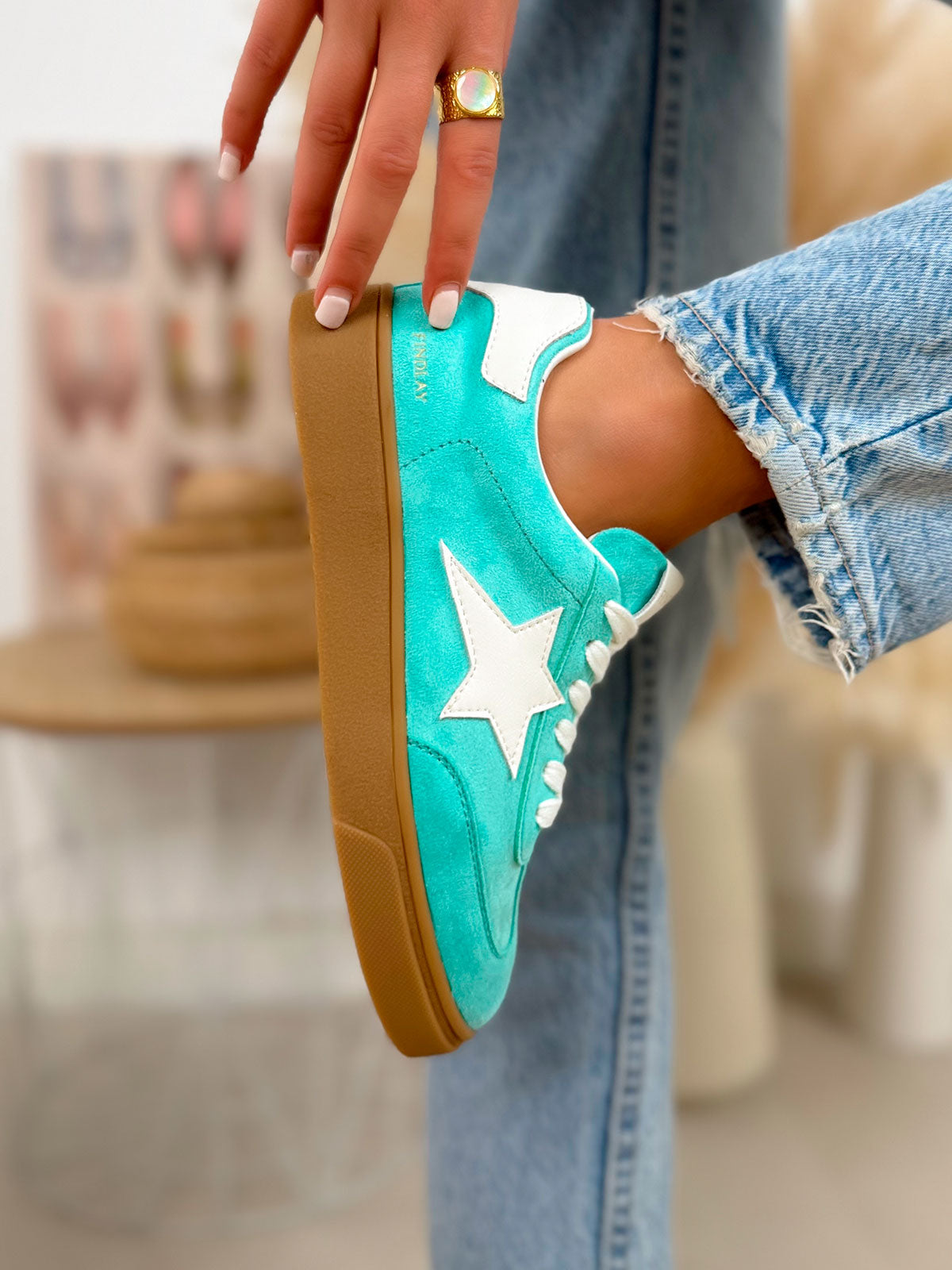 Basket femme bleu turquoise tendance en suédine avec étoile blanche et semelle plate