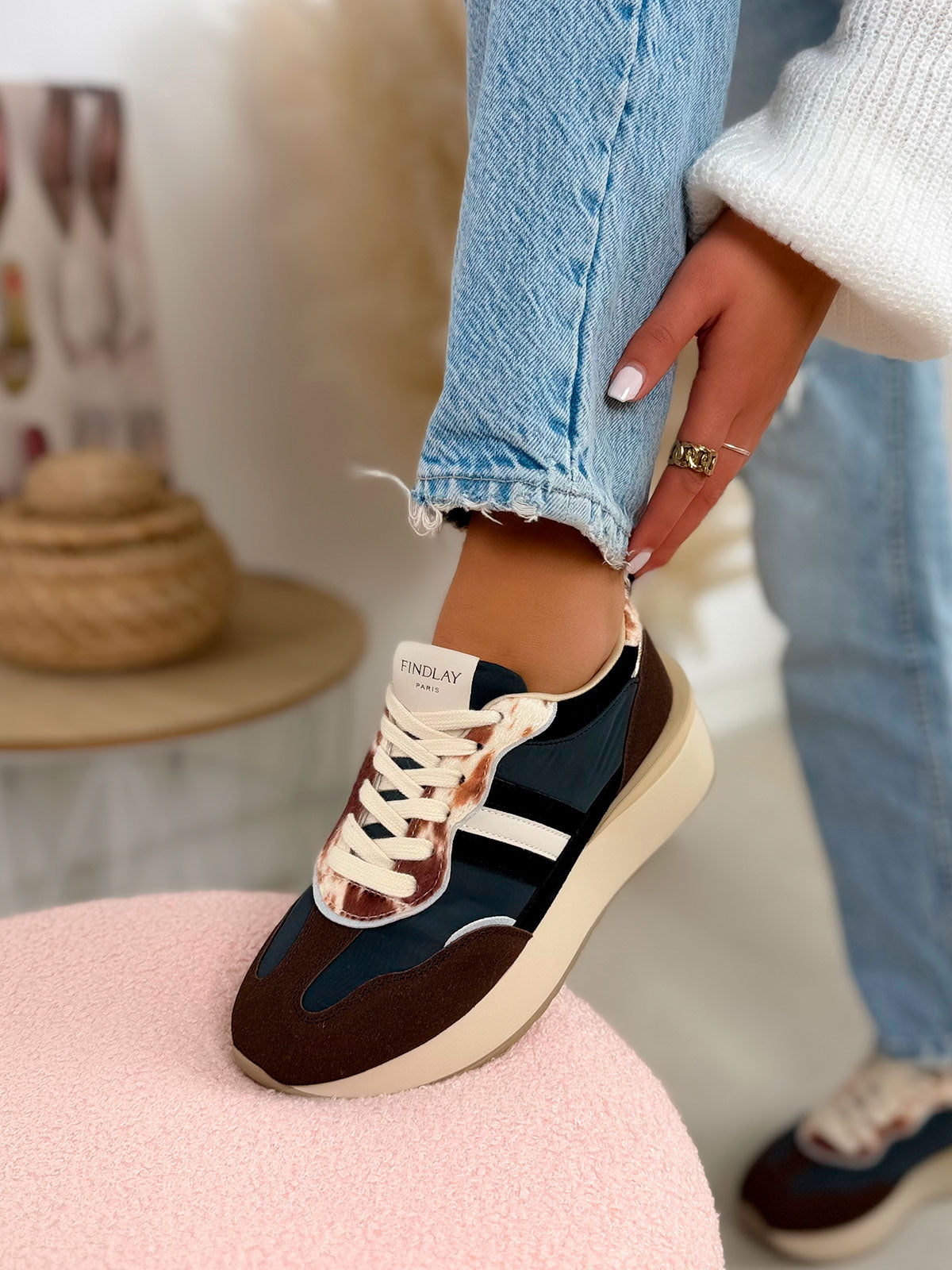 Basket femme multicolore tendance avec empiècements animal et semelle épaisse beige