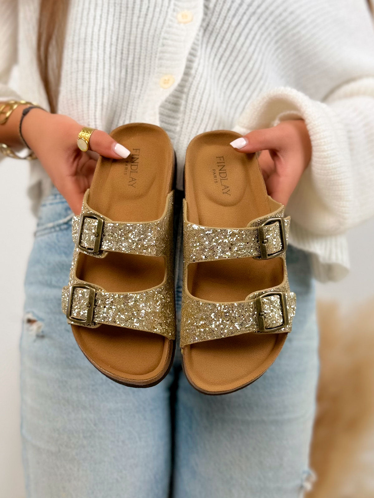 Mule femme dorée tendance à doubles brides pailletées et boucles ajustables