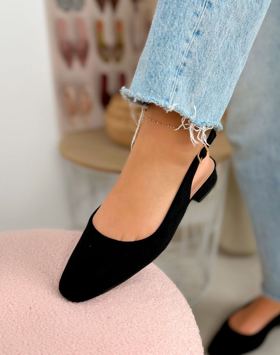 Escarpins plats femme noirs élégants en suédine à bride ajustable