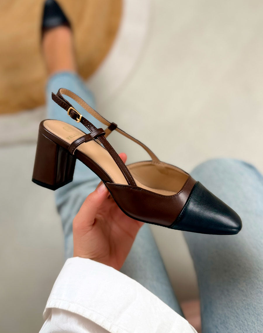Escarpins femme marron élégants à bout noir et talon carré moyen