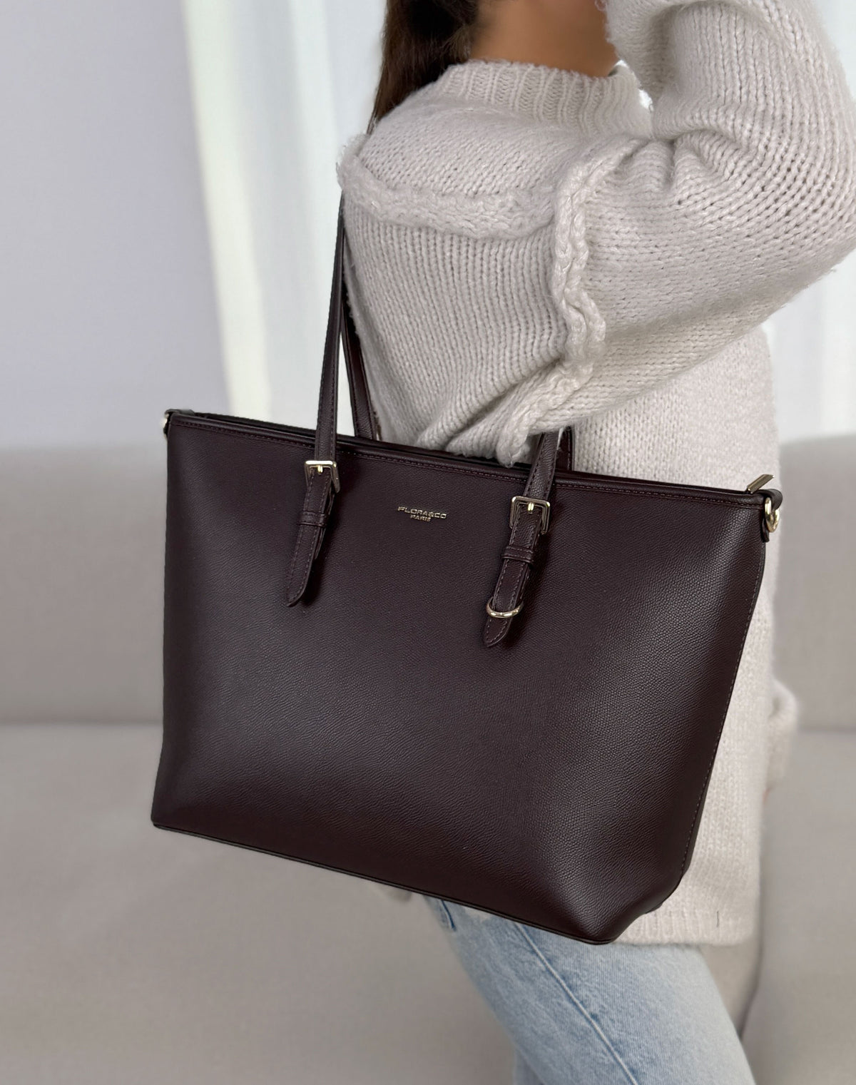 Grand sac cabas femme marron élégant avec compartiment central zippé