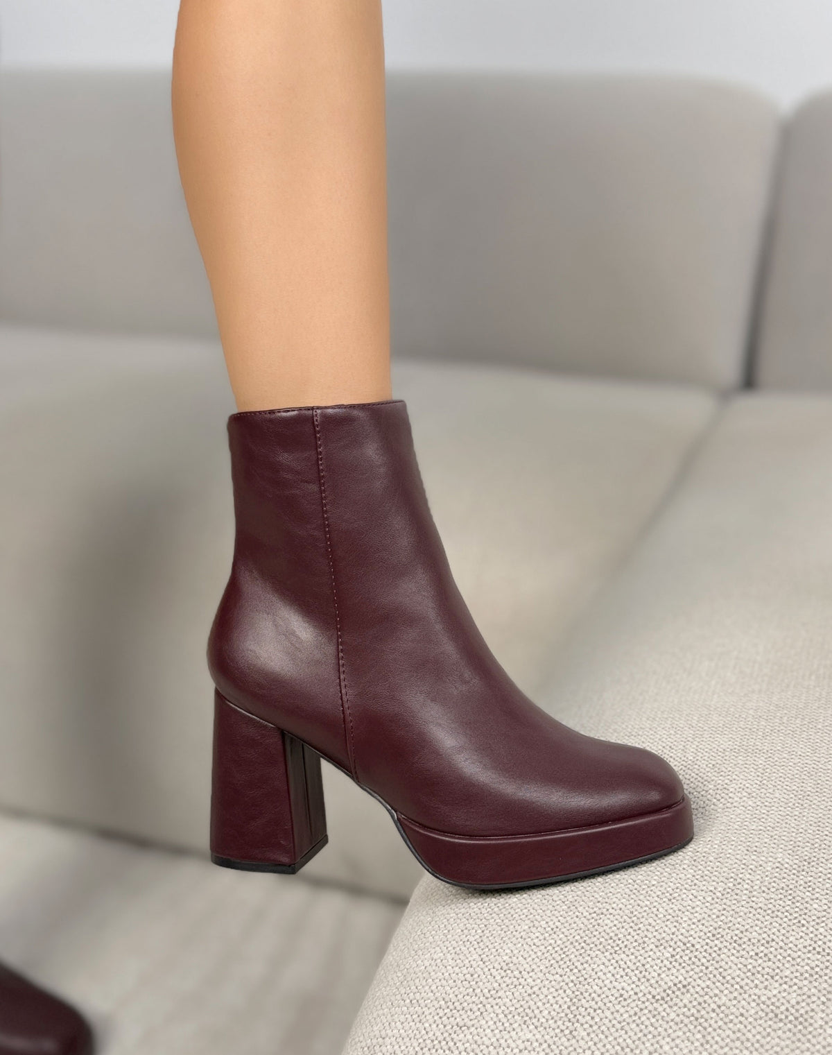 Bottines bordeaux femme effet cuir, plateforme et talon épais