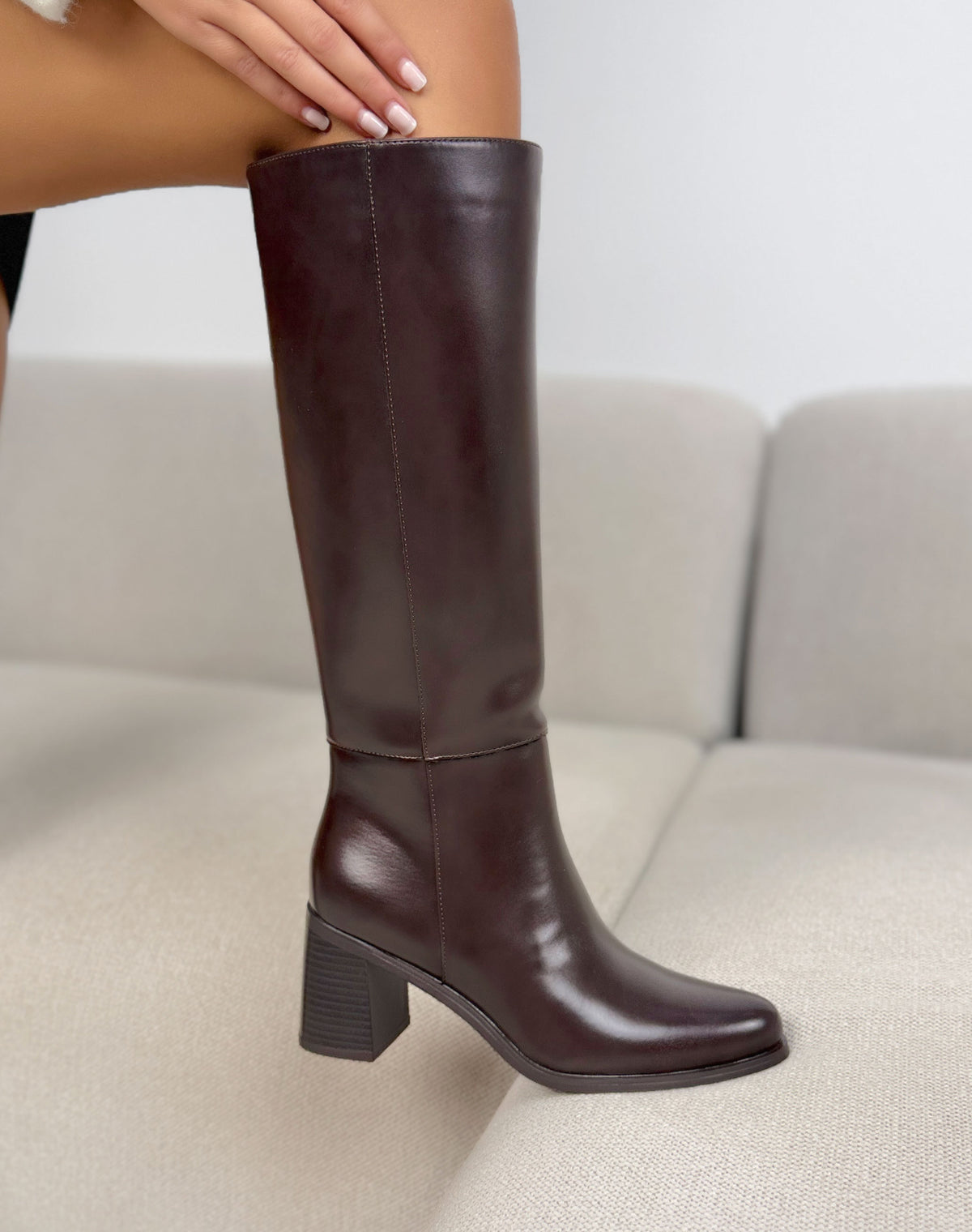 Bottes hautes marron femme effet cuir