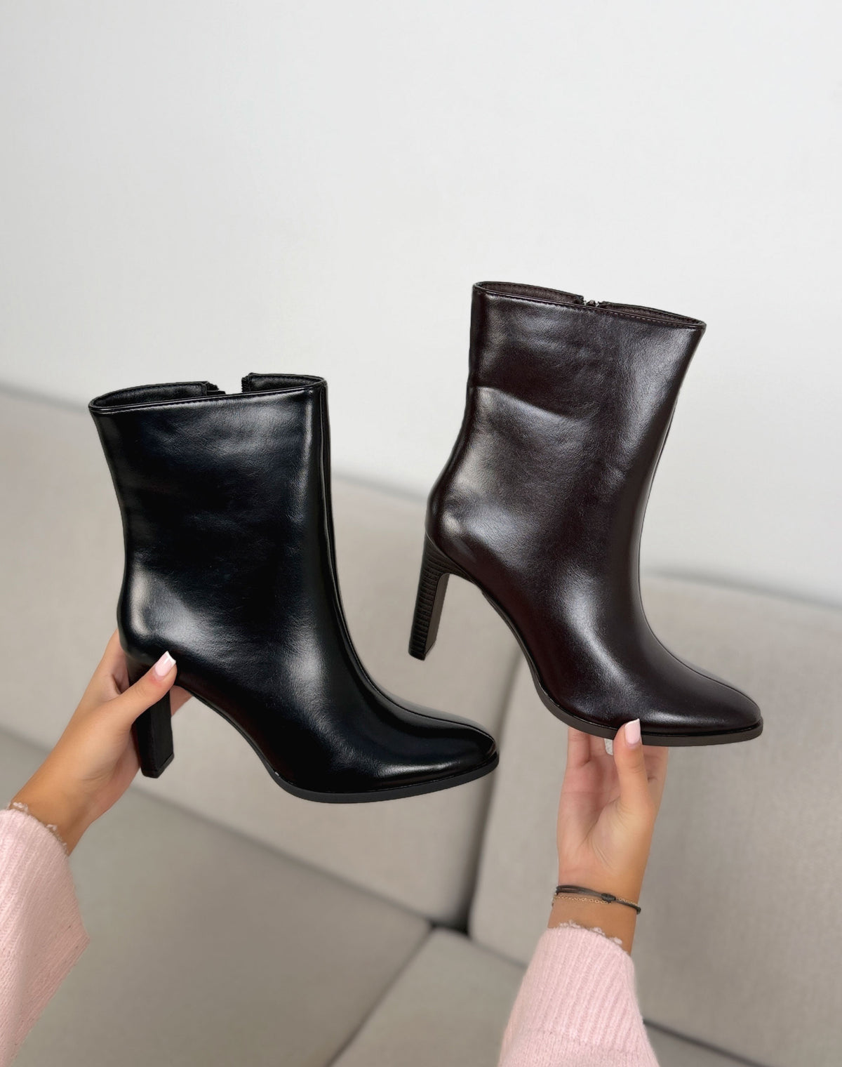 Bottines marron femme effet cuir à bout pointu et talon haut