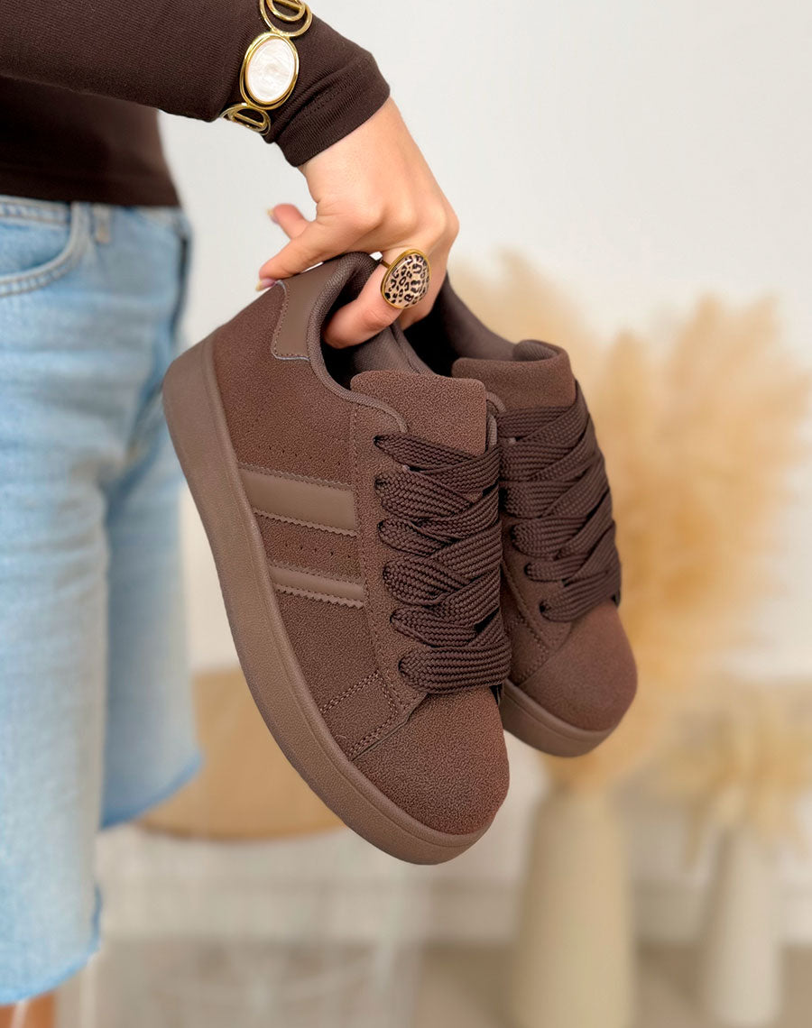 Basket femme marron tendance ton sur ton avec lacets épais
