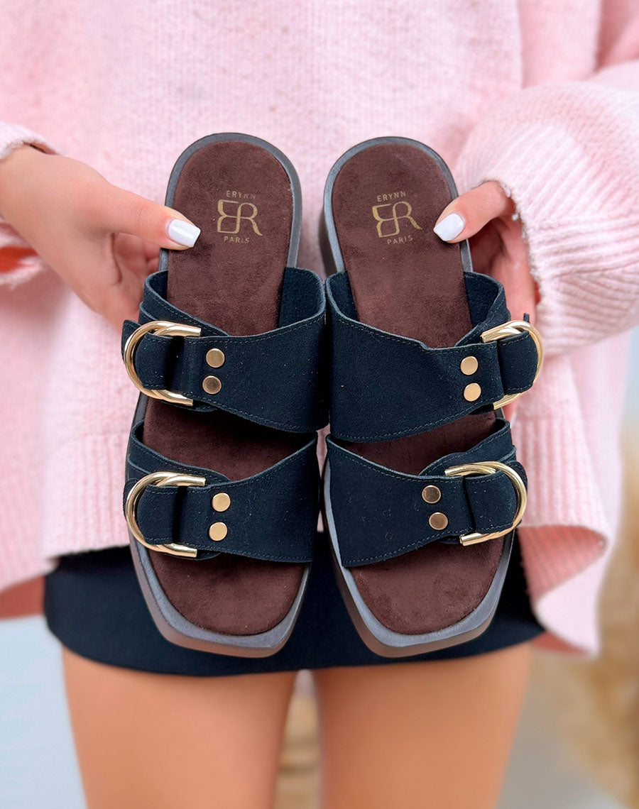 Mules noires à plateforme compensée et double brides en suédine