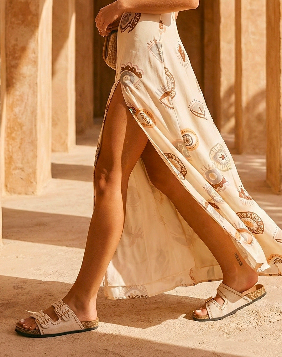 Mules femme beiges tendance à boucle dorée et couture tissée