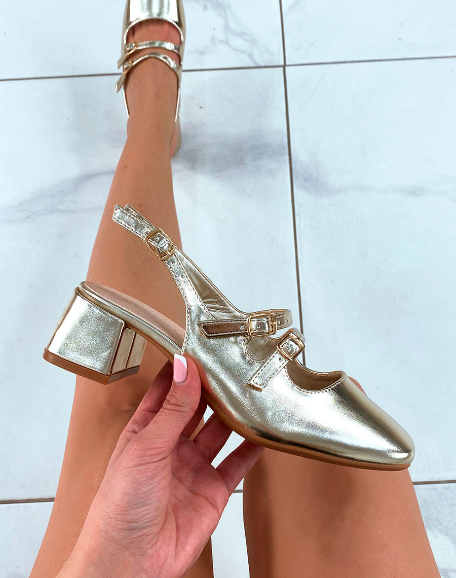 Babies dorées ouvertes à petit talon épais