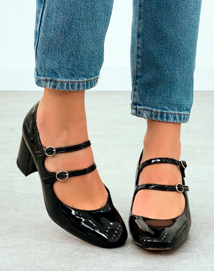 Babies Femme Noires Vernies à Talon Moyen - Double Brides et Éclat Argenté