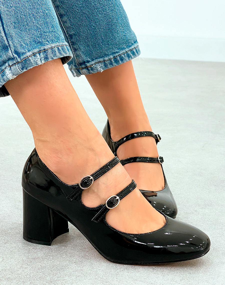 Babies Femme Noires Vernies à Talon Moyen - Double Brides et Éclat Argenté