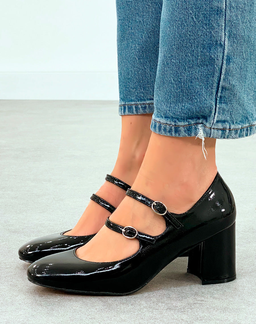 Babies Femme Noires Vernies à Talon Moyen - Double Brides et Éclat Argenté