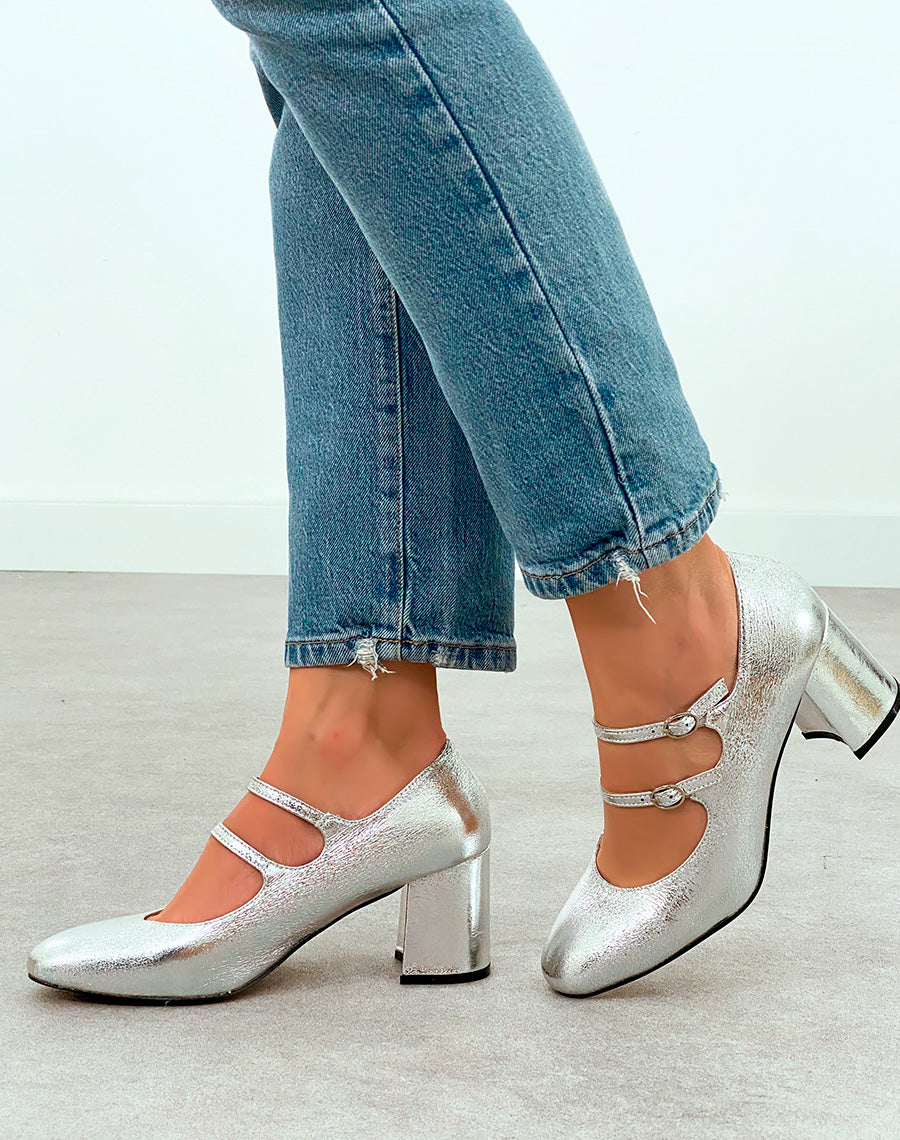 Babies Grainées Argentées à Talon et Brides - Éclat et Confort pour une Élégance Moderne