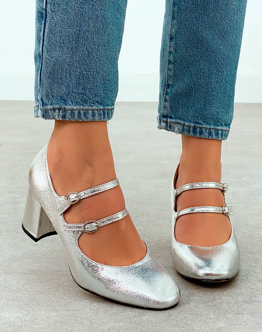 Babies Grainées Argentées à Talon et Brides - Éclat et Confort pour une Élégance Moderne