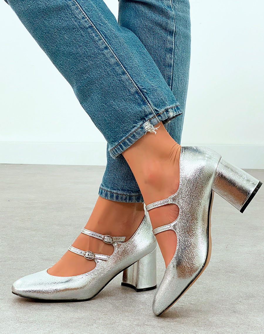 Babies Grainées Argentées à Talon et Brides - Éclat et Confort pour une Élégance Moderne