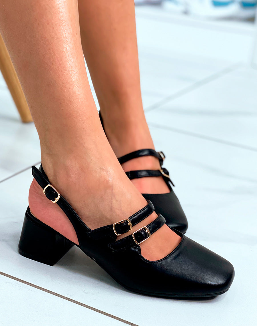 Babies noires mattes ouvertes à petit talon épais