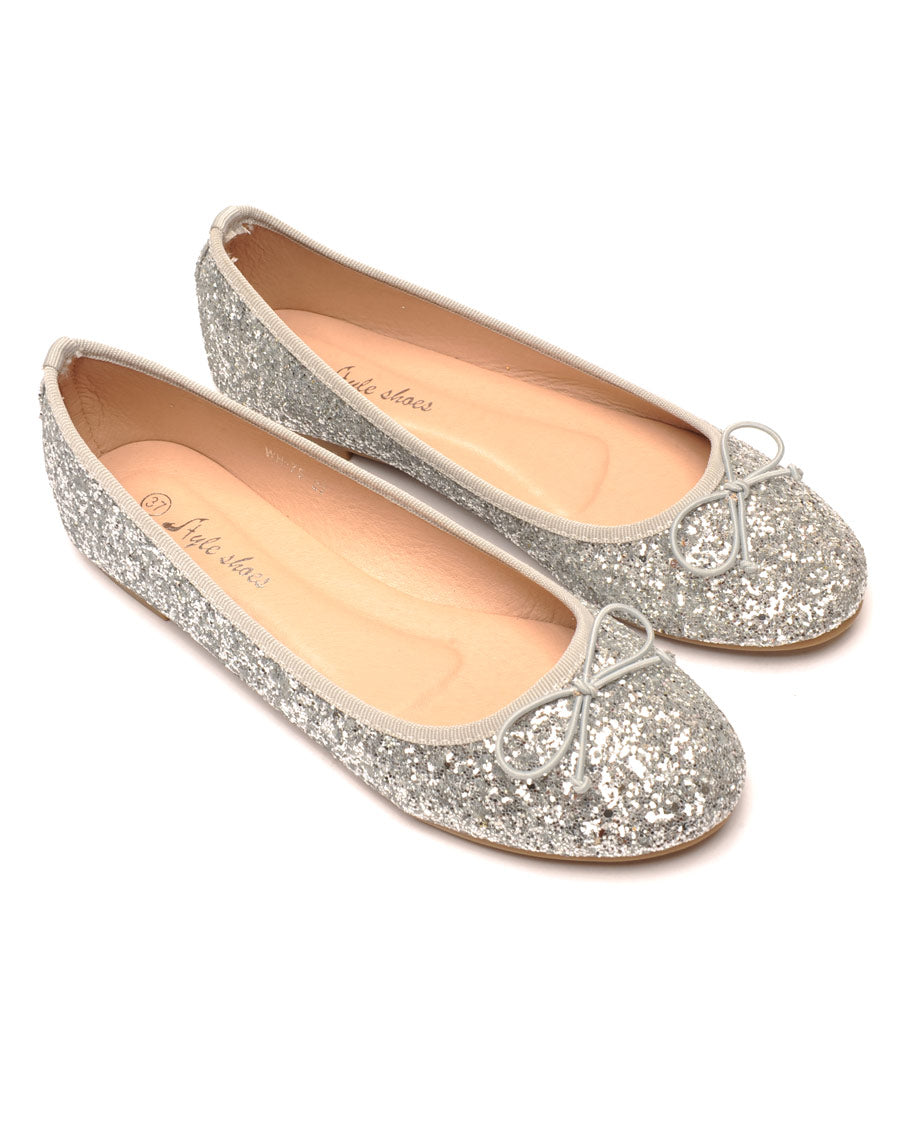 Ballerine argenté avec noeud et paillette