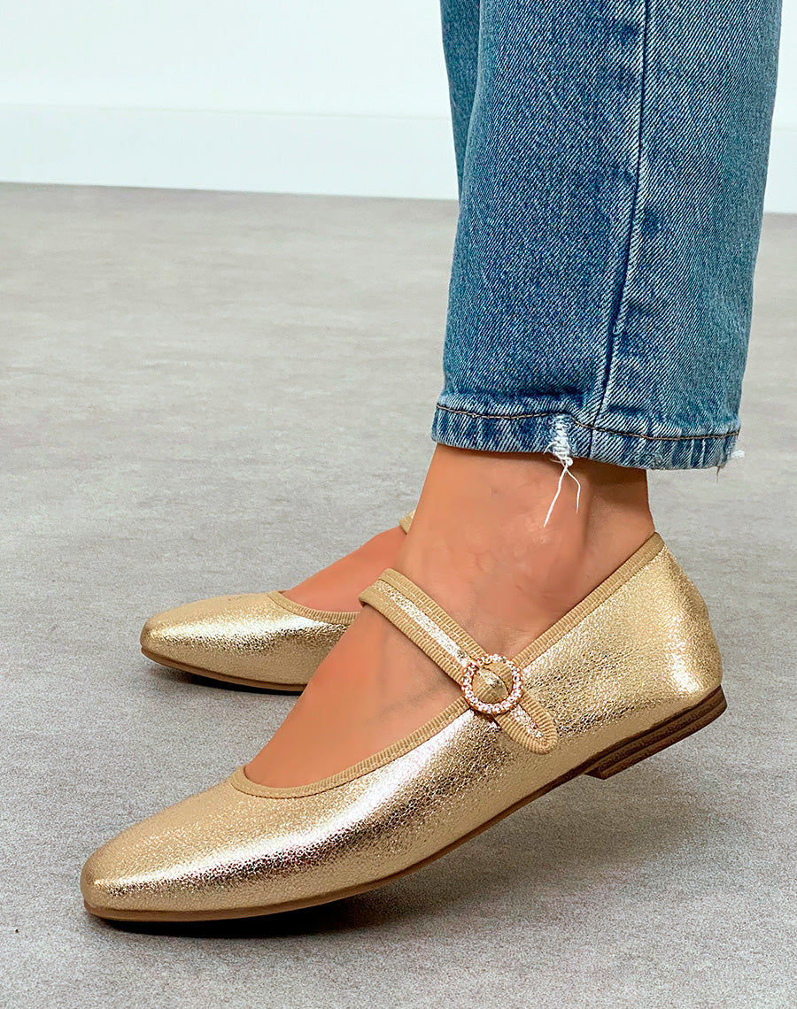 Ballerine femme dorée éclatante avec détail rond de strass doré