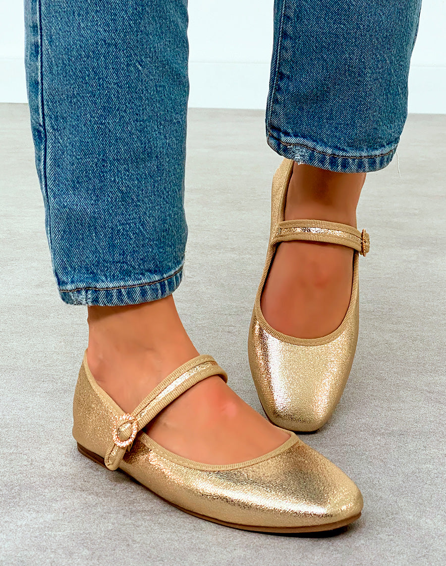 Ballerine femme dorée éclatante avec détail rond de strass doré