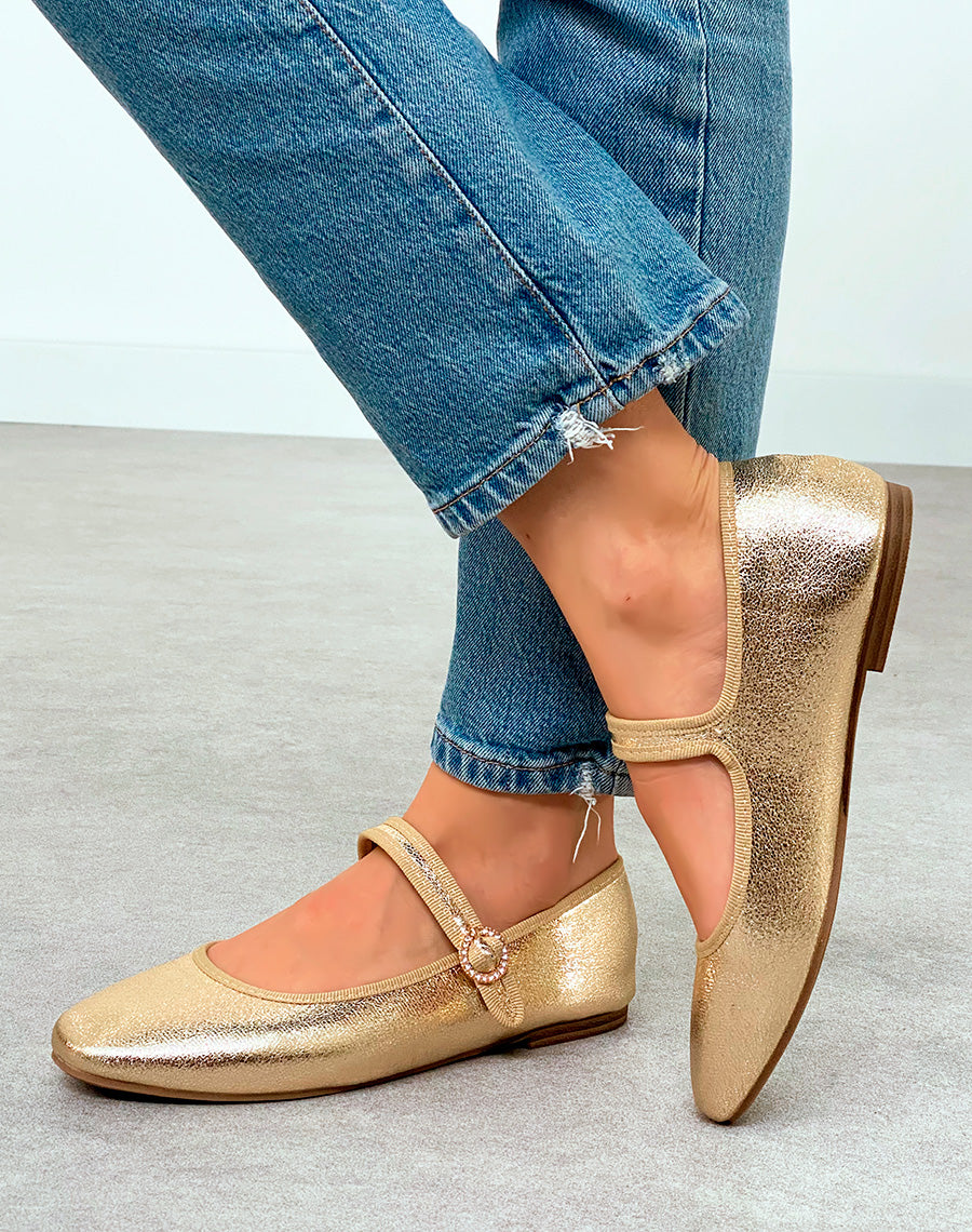 Ballerine femme dorée éclatante avec détail rond de strass doré