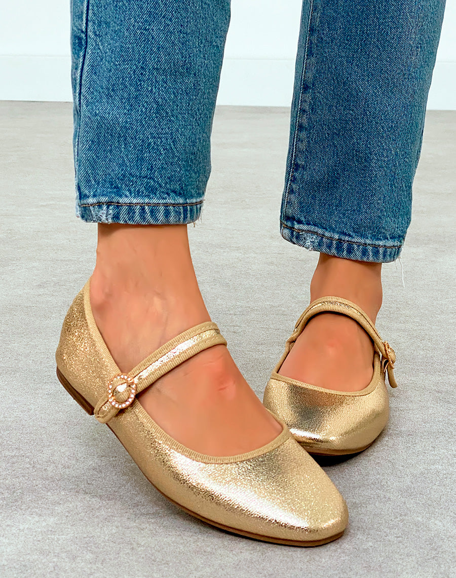 Ballerine femme dorée éclatante avec détail rond de strass doré
