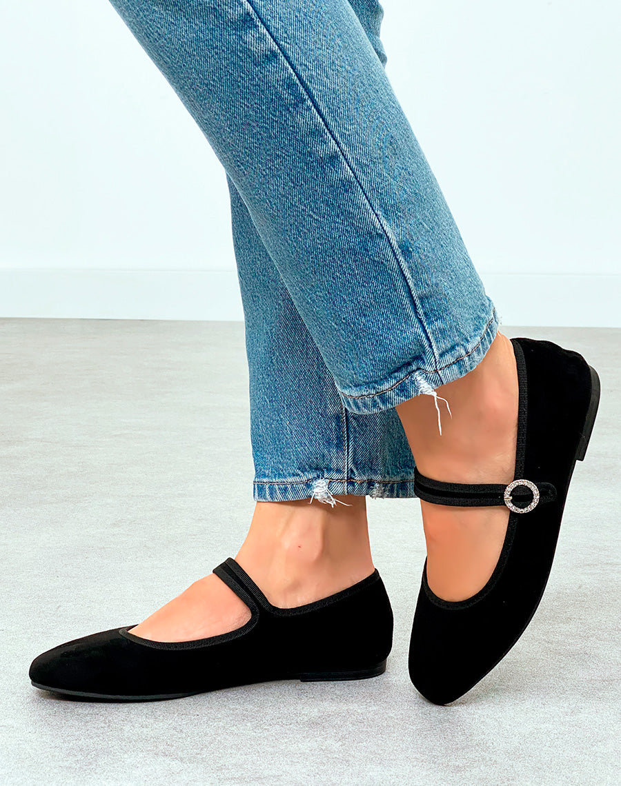 Ballerine femme noire chic en suédine avec détail strass argenté