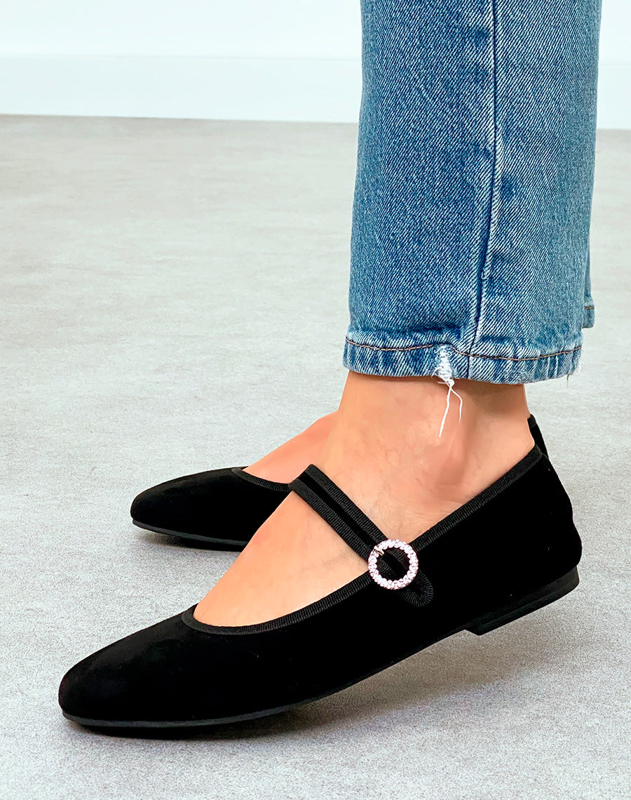 Ballerine femme noire chic en suédine avec détail strass argenté