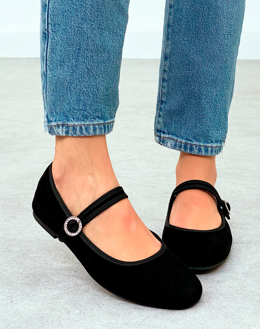 Ballerine femme noire chic en suédine avec détail strass argenté
