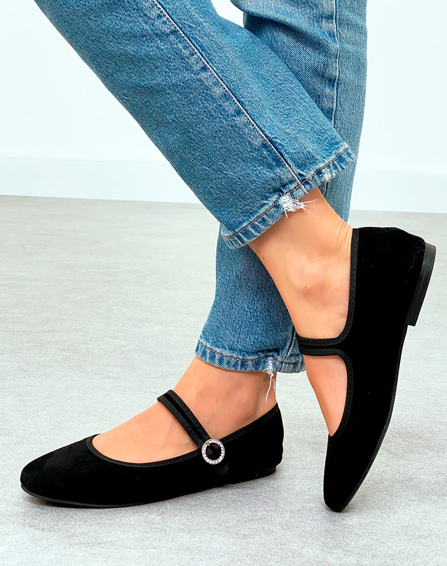 Ballerine femme noire chic en suédine avec détail strass argenté