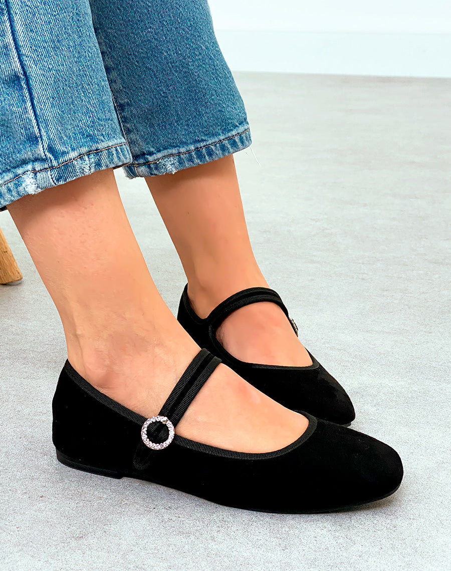 Ballerine femme noire chic en suédine avec détail strass argenté