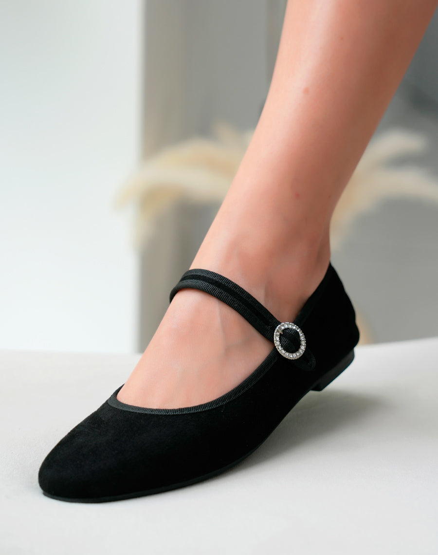 Ballerine femme noire chic en suédine avec détail strass argenté