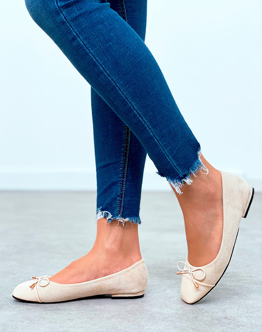 Ballerines beiges en suédine pour femmes à détail nœud