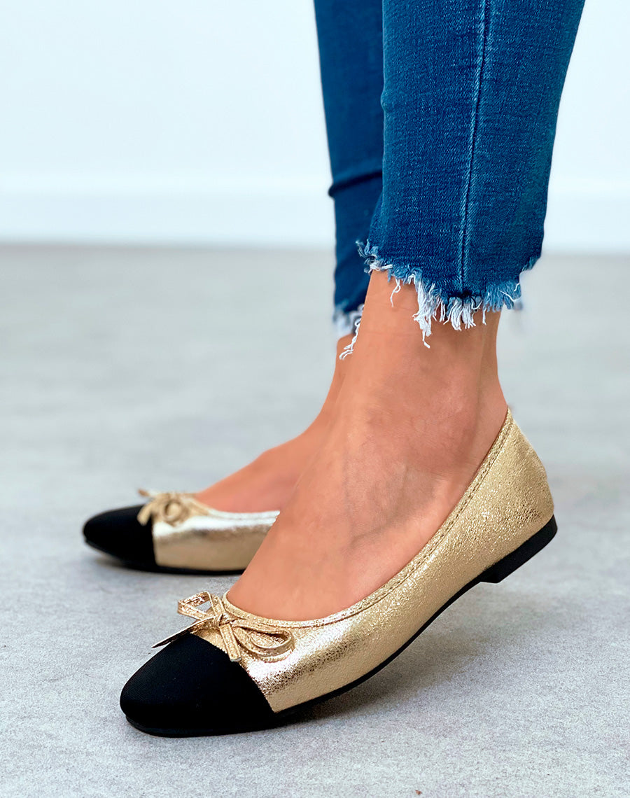 Ballerines dorées grainées pour femmes à détail nœud