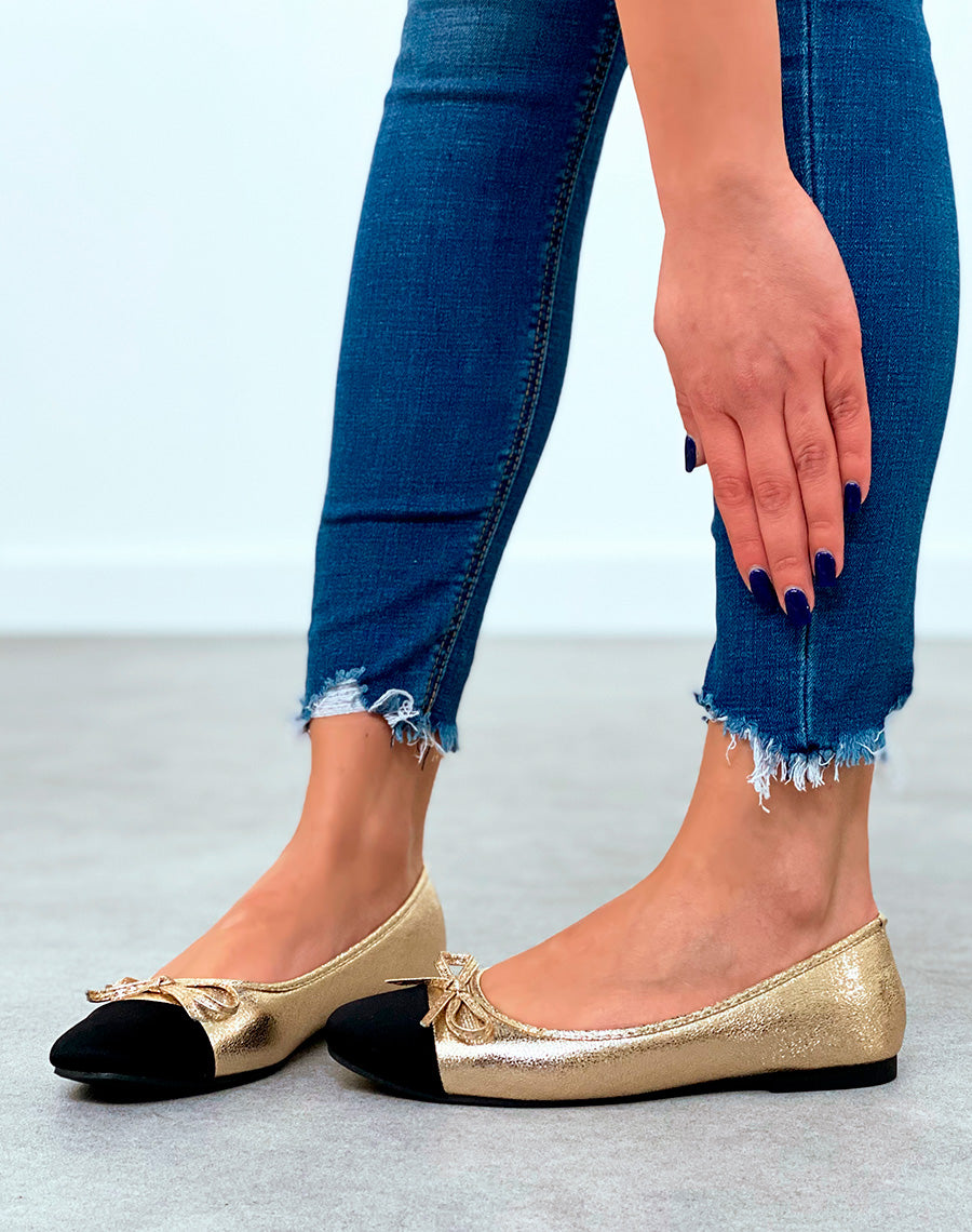 Ballerines dorées grainées pour femmes à détail nœud