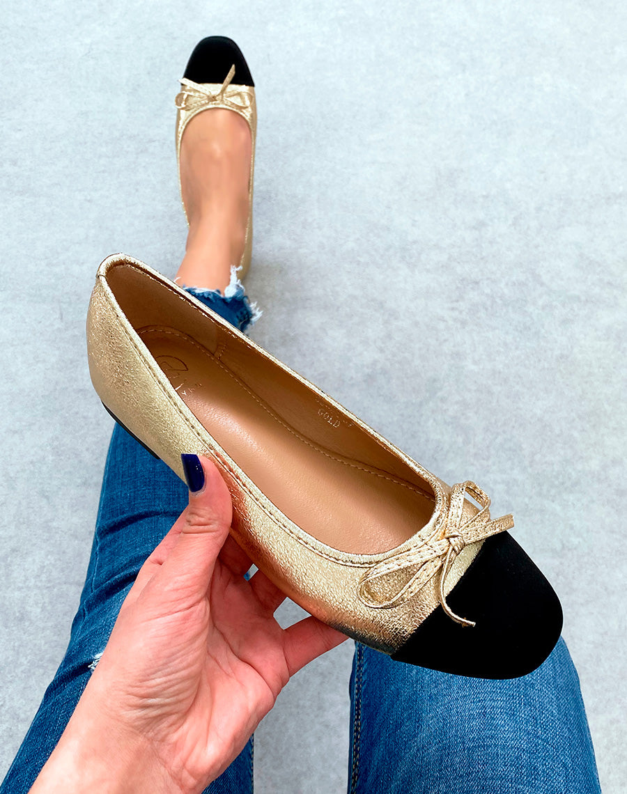 Ballerines dorées grainées pour femmes à détail nœud