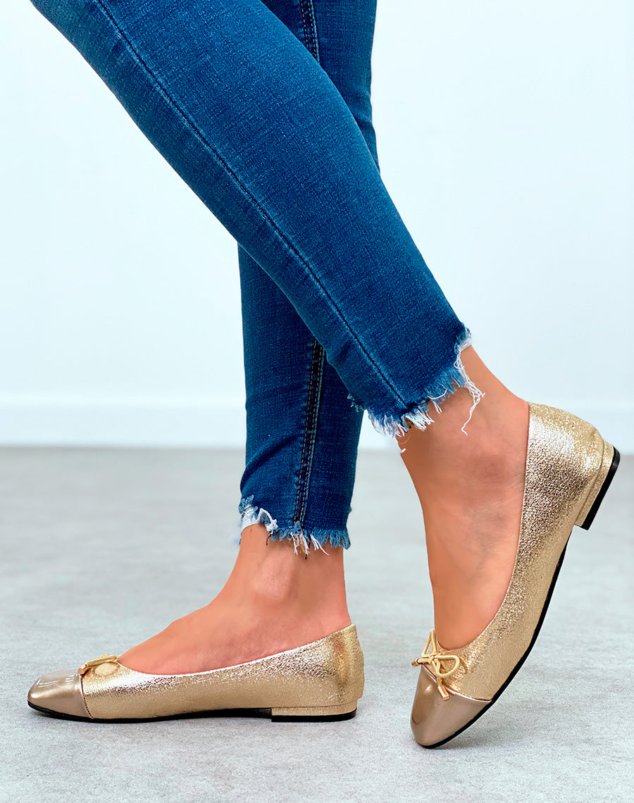 Ballerines dorées pour femmes à bout rose gold et à détail nœud