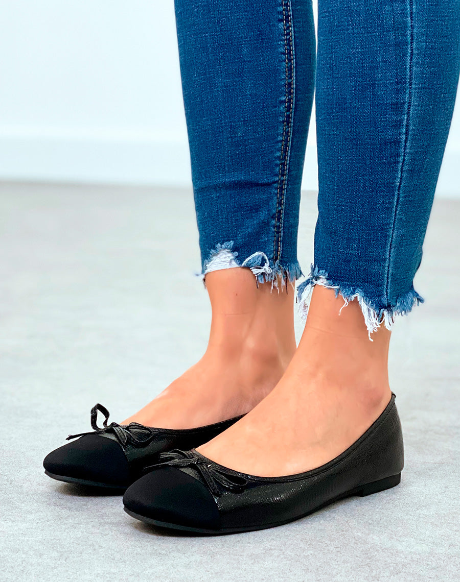 Ballerines noires grainées pour femmes à détail nœud