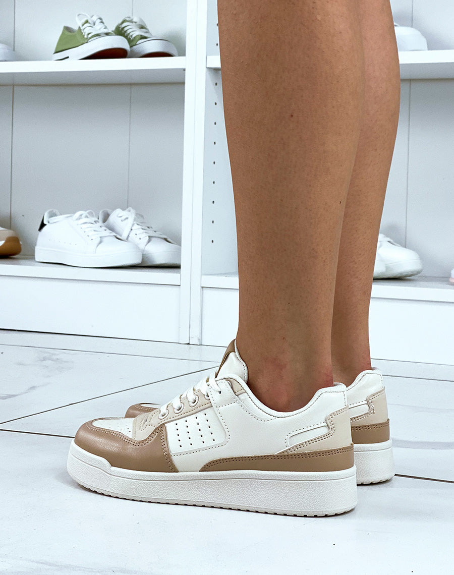 Basket beige à empiècement beige et crème