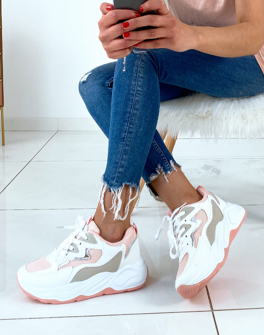 Basket blanche à empiècement rose beige et argenté