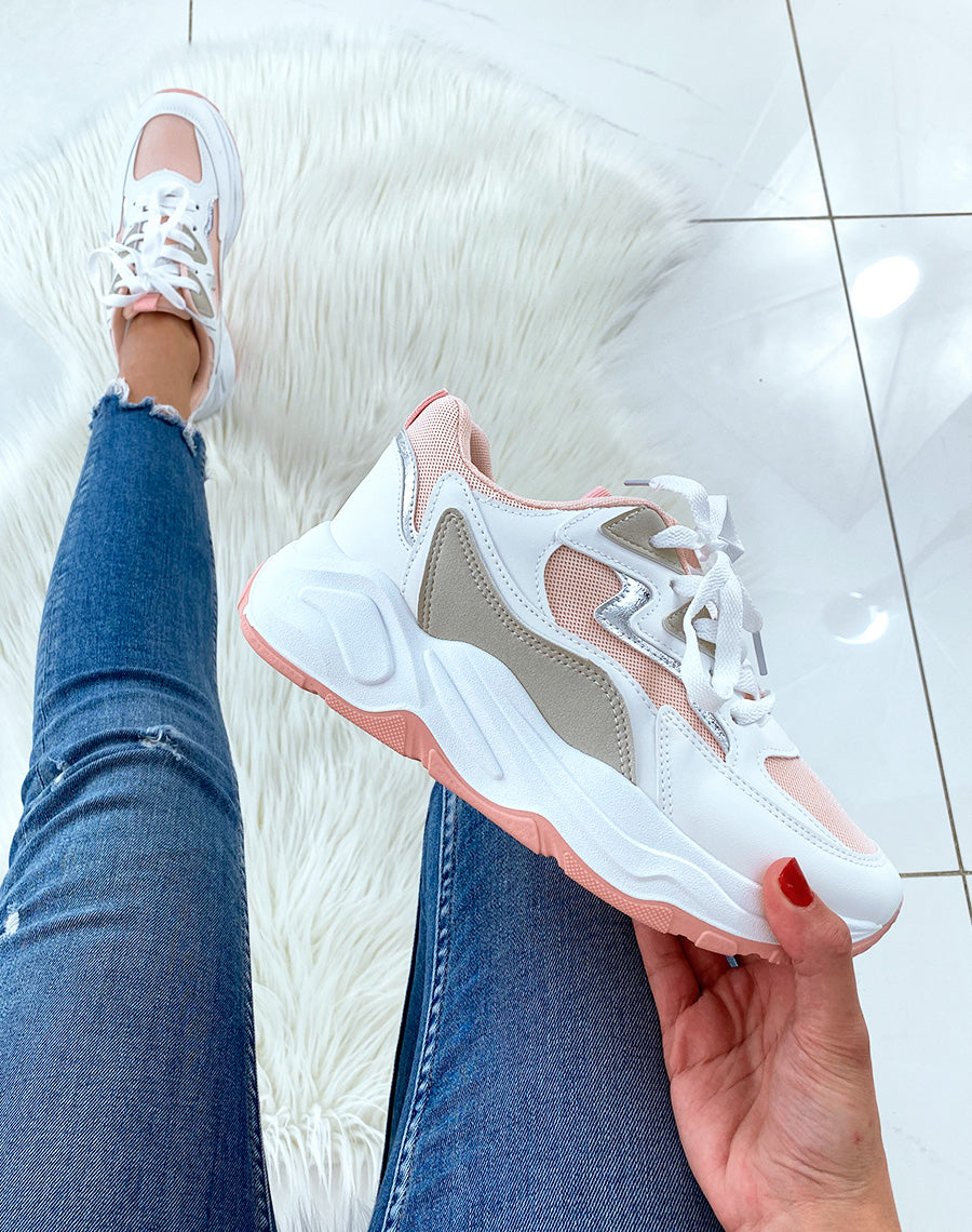 Basket blanche à empiècement rose beige et argenté