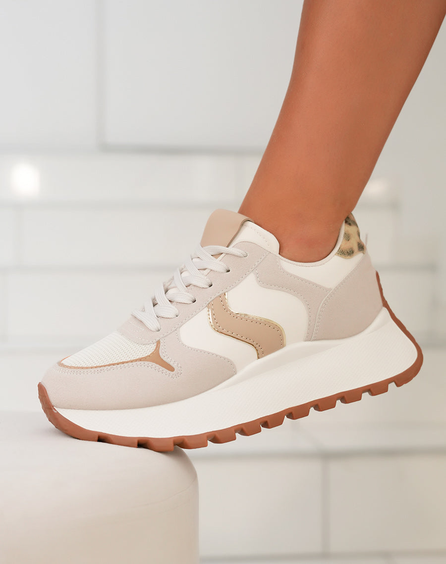 Basket femme beige et taupe avec semelle épaisse