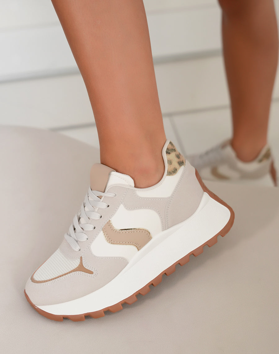 Basket femme beige et taupe avec semelle épaisse