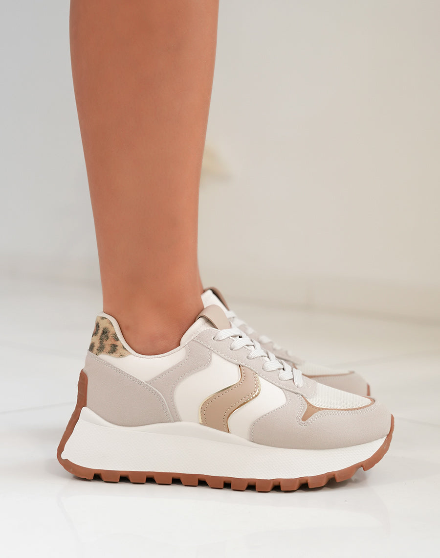 Basket femme beige et taupe avec semelle épaisse