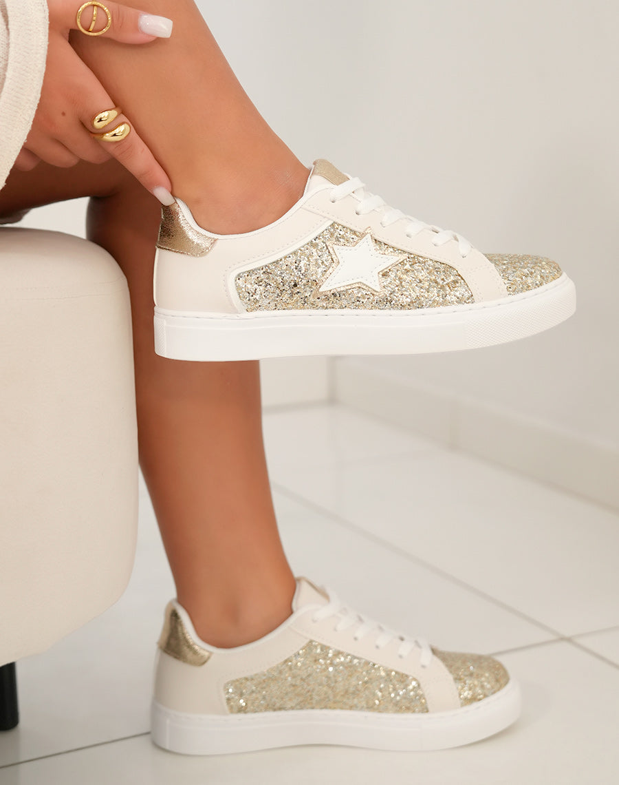 Basket femme blanche et dorée avec paillettes et étoile blanche