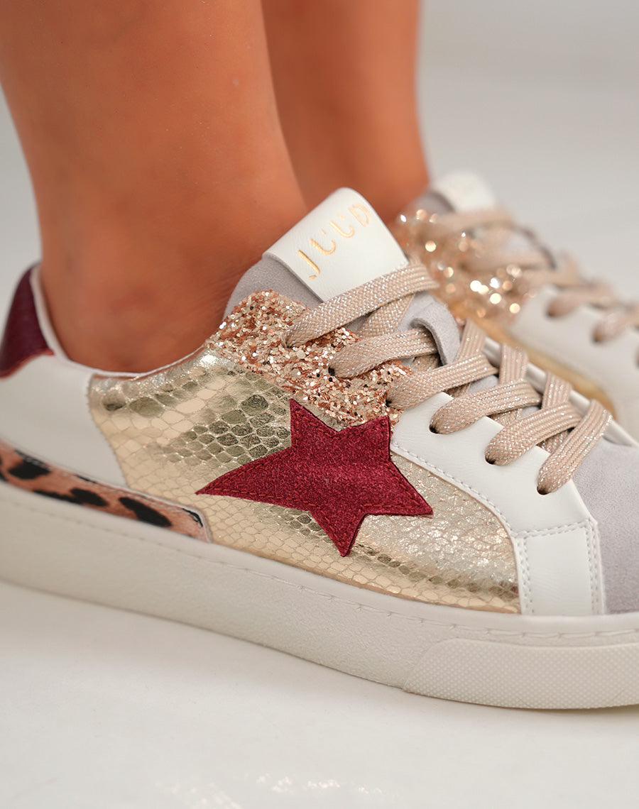Basket femme blanche et dorée chic avec étoile bordeaux